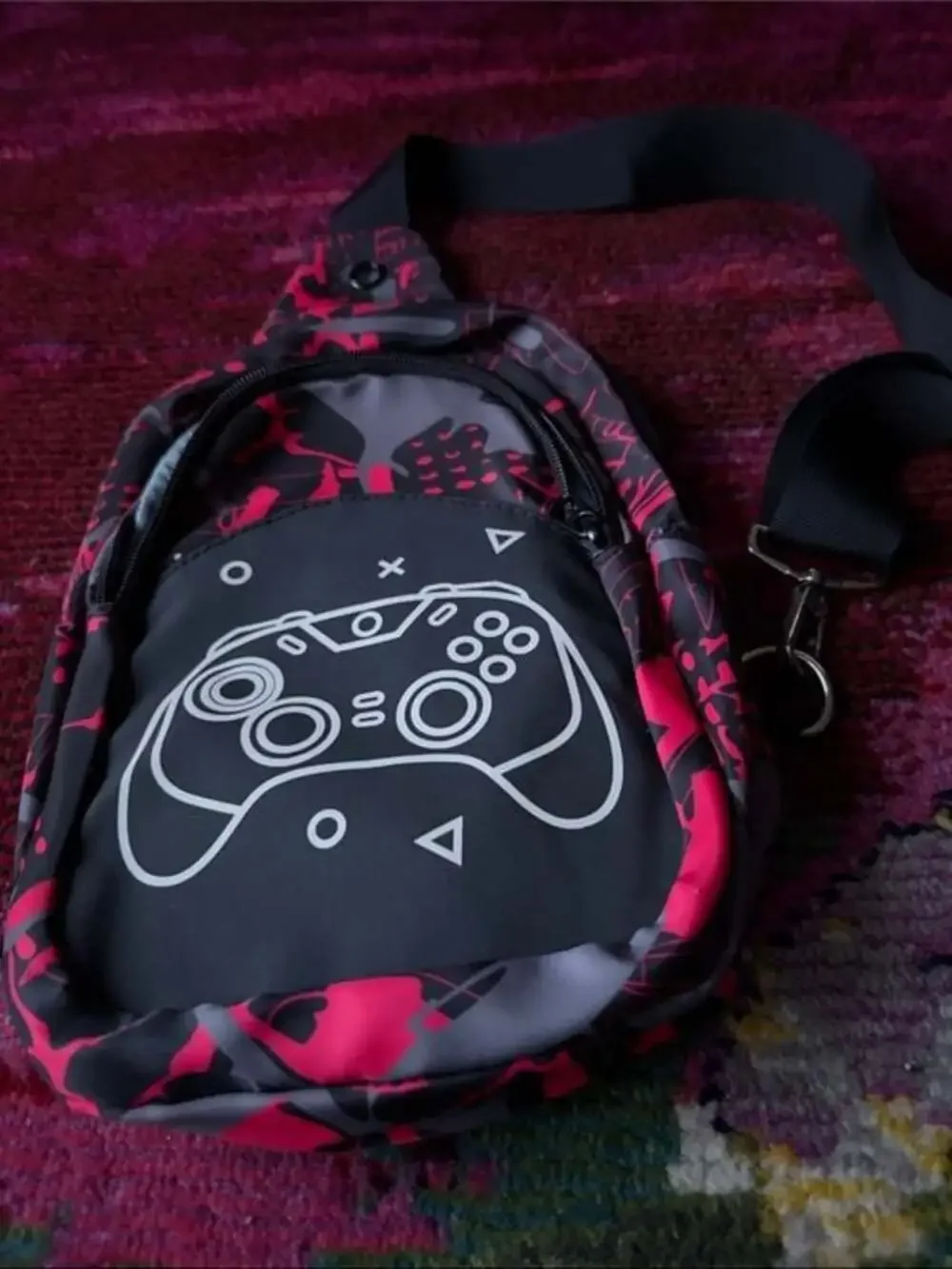 Sling Bag in Black and Red Gaming Controller Print
